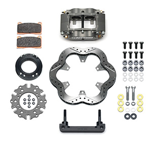 Wilwood Billet Narrow Dynalite Radial Mount Midget Inboard Brake Kit Parts Laid Out - Type III Anodize Caliper - Drilled Rotor