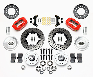 Wilwood Forged Dynalite Pro Series Front Brake Kit Parts Laid Out - Red Powder Coat Caliper - SRP Drilled & Slotted Rotor