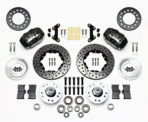 Wilwood Forged Dynalite Pro Series Front Brake Kit Parts Laid Out - Black Powder Coat Caliper - SRP Drilled & Slotted Rotor