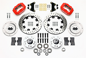 Wilwood Forged Dynalite Big Brake Front Brake Kit (Hub) Parts Laid Out - Red Powder Coat Caliper - SRP Drilled & Slotted Rotor