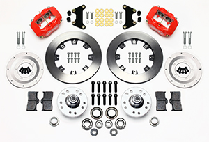 Wilwood Forged Dynalite Big Brake Front Brake Kit (Hub) Parts Laid Out - Red Powder Coat Caliper - Plain Face Rotor