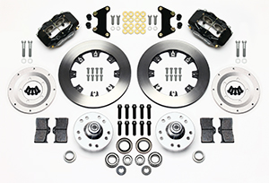 Wilwood Forged Dynalite Big Brake Front Brake Kit (Hub) Parts Laid Out - Black Powder Coat Caliper - Plain Face Rotor