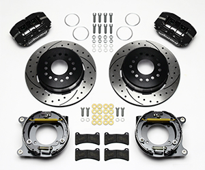 Wilwood Forged Dynapro Low-Profile Rear Parking Brake Kit Parts Laid Out - Black Powder Coat Caliper - SRP Drilled & Slotted Rotor