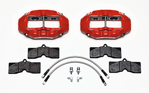 Wilwood D8-6 Front Replacement Caliper Kit Parts Laid Out - Red Powder Coat Caliper