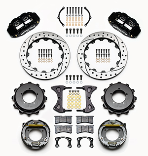 Wilwood Forged Narrow Superlite 4R Big Brake Rear Parking Brake Kit Parts Laid Out - Black Powder Coat Caliper - SRP Drilled & Slotted Rotor