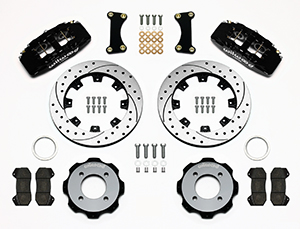 Wilwood Forged Dynapro 6 Big Brake Front Brake Kit (Hat) Parts Laid Out - Black Powder Coat Caliper - SRP Drilled & Slotted Rotor