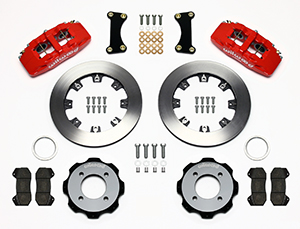 Wilwood Forged Dynapro 6 Big Brake Front Brake Kit (Hat) Parts Laid Out - Red Powder Coat Caliper - Plain Face Rotor