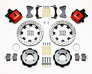 Wilwood Combination Parking Brake Caliper Rear Brake Kit Parts Laid Out - Red Powder Coat Caliper - SRP Drilled & Slotted Rotor