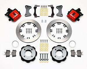 Wilwood Combination Parking Brake Caliper Rear Brake Kit Parts Laid Out - Red Powder Coat Caliper - Plain Face Rotor