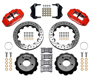 Wilwood Forged Narrow Superlite 6R Big Brake Front Brake Kit (Hat) Parts Laid Out - Red Powder Coat Caliper - SRP Drilled & Slotted Rotor