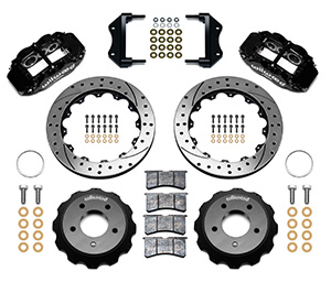 Wilwood Forged Narrow Superlite 6R Big Brake Front Brake Kit (Hat) Parts Laid Out - Black Powder Coat Caliper - SRP Drilled & Slotted Rotor