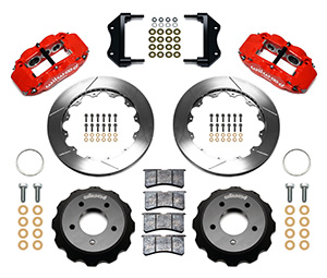 Wilwood Forged Narrow Superlite 6R Big Brake Front Brake Kit (Hat) Parts Laid Out - Red Powder Coat Caliper - GT Slotted Rotor