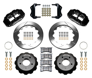 Wilwood Forged Narrow Superlite 6R Big Brake Front Brake Kit (Hat) Parts Laid Out - Black Powder Coat Caliper - GT Slotted Rotor