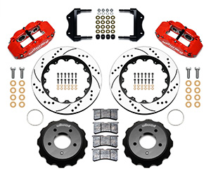 Wilwood Forged Narrow Superlite 6R Big Brake Front Brake Kit (Hat) Parts Laid Out - Red Powder Coat Caliper - SRP Drilled & Slotted Rotor