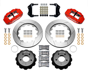 Wilwood Forged Narrow Superlite 6R Big Brake Front Brake Kit (Hat) Parts Laid Out - Red Powder Coat Caliper - GT Slotted Rotor