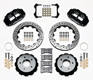 Wilwood Forged Narrow Superlite 4R Big Brake Rear Brake Kit For OE Parking Brake Parts Laid Out - Black Powder Coat Caliper - SRP Drilled & Slotted Rotor