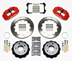 Wilwood Forged Narrow Superlite 4R Big Brake Rear Brake Kit For OE Parking Brake Parts Laid Out - Red Powder Coat Caliper - GT Slotted Rotor