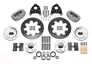 Wilwood Forged Dynalite Front Drag Brake Kit Parts Laid Out - Type III Anodize Caliper - Drilled Rotor