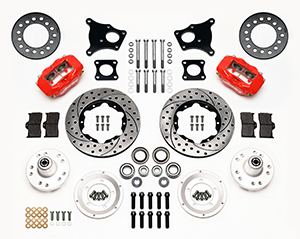 Wilwood Forged Dynalite Pro Series Front Brake Kit Parts Laid Out - Red Powder Coat Caliper - SRP Drilled & Slotted Rotor