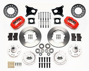 Wilwood Forged Dynalite Pro Series Front Brake Kit Parts Laid Out - Red Powder Coat Caliper - Plain Face Rotor