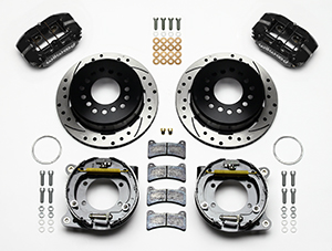 Wilwood Forged Dynapro Low-Profile Rear Parking Brake Kit Parts Laid Out - Black Powder Coat Caliper - SRP Drilled & Slotted Rotor