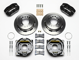 Wilwood Forged Dynapro Low-Profile Rear Parking Brake Kit Parts Laid Out - Black Powder Coat Caliper - Plain Face Rotor