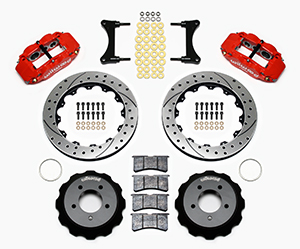 Wilwood Forged Narrow Superlite 6R Big Brake Front Brake Kit (Hat) Parts Laid Out - Red Powder Coat Caliper - SRP Drilled & Slotted Rotor