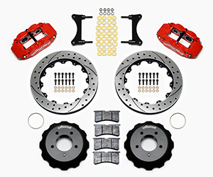 Wilwood Forged Narrow Superlite 6R Big Brake Front Brake Kit (Hat) Parts Laid Out - Red Powder Coat Caliper - SRP Drilled & Slotted Rotor