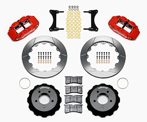 Wilwood Forged Narrow Superlite 6R Big Brake Front Brake Kit (Hat) Parts Laid Out - Red Powder Coat Caliper - GT Slotted Rotor