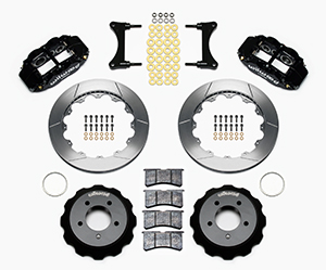 Wilwood Forged Narrow Superlite 6R Big Brake Front Brake Kit (Hat) Parts Laid Out - Black Powder Coat Caliper - GT Slotted Rotor