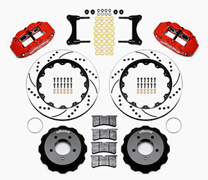 Wilwood Forged Narrow Superlite 6R Big Brake Front Brake Kit (Hat) Parts Laid Out - Red Powder Coat Caliper - SRP Drilled & Slotted Rotor