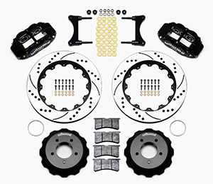 Wilwood Forged Narrow Superlite 6R Big Brake Front Brake Kit (Hat) Parts Laid Out - Black Powder Coat Caliper - SRP Drilled & Slotted Rotor