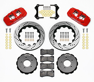 Wilwood AERO6 Big Brake Front Brake Kit Parts Laid Out - Red Powder Coat Caliper - SRP Drilled & Slotted Rotor