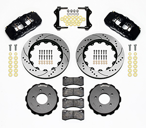 Wilwood AERO6 Big Brake Front Brake Kit Parts Laid Out - Black Powder Coat Caliper - SRP Drilled & Slotted Rotor