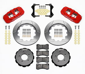 Wilwood AERO6 Big Brake Front Brake Kit Parts Laid Out - Red Powder Coat Caliper - GT Slotted Rotor