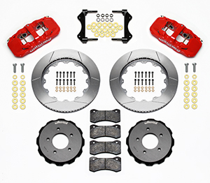 Wilwood AERO6 Big Brake Front Brake Kit Parts Laid Out - Red Powder Coat Caliper - GT Slotted Rotor