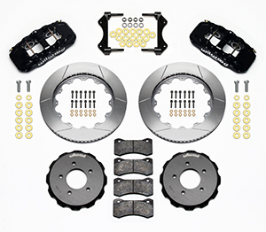 Wilwood AERO6 Big Brake Front Brake Kit Parts Laid Out - Black Powder Coat Caliper - GT Slotted Rotor