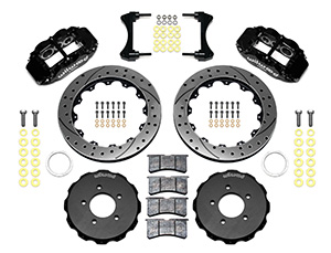 Wilwood Forged Narrow Superlite 6R Big Brake Front Brake Kit (Hat) Parts Laid Out - Black Powder Coat Caliper - SRP Drilled & Slotted Rotor