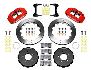 Wilwood Forged Narrow Superlite 6R Big Brake Front Brake Kit (Hat) Parts Laid Out - Red Powder Coat Caliper - GT Slotted Rotor