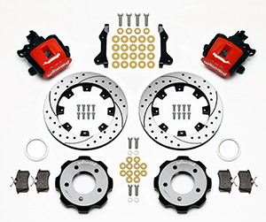 Wilwood Combination Parking Brake Caliper Rear Brake Kit Parts Laid Out - Red Powder Coat Caliper - SRP Drilled & Slotted Rotor