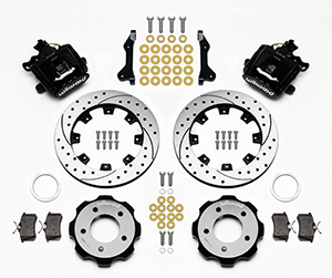 Wilwood Combination Parking Brake Caliper Rear Brake Kit Parts Laid Out - Black Powder Coat Caliper - SRP Drilled & Slotted Rotor