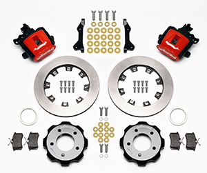 Wilwood Combination Parking Brake Caliper Rear Brake Kit Parts Laid Out - Red Powder Coat Caliper - Plain Face Rotor