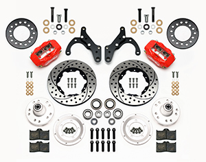 Wilwood Forged Dynalite Pro Series Front Brake Kit Parts Laid Out - Red Powder Coat Caliper - SRP Drilled & Slotted Rotor