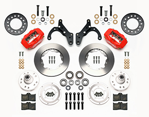 Wilwood Forged Dynalite Pro Series Front Brake Kit Parts Laid Out - Red Powder Coat Caliper - Plain Face Rotor