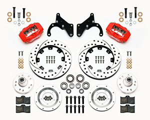 Wilwood Forged Dynalite Big Brake Front Brake Kit (Hub) Parts Laid Out - Red Powder Coat Caliper - SRP Drilled & Slotted Rotor