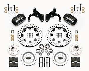 Wilwood Forged Dynalite Big Brake Front Brake Kit (Hub) Parts Laid Out - Black Powder Coat Caliper - SRP Drilled & Slotted Rotor