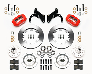 Wilwood Forged Dynalite Big Brake Front Brake Kit (Hub) Parts Laid Out - Red Powder Coat Caliper - Plain Face Rotor