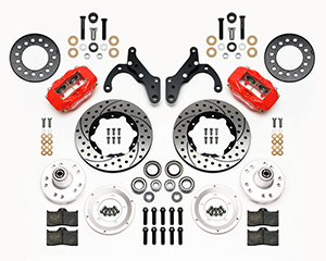 Wilwood Forged Dynalite Pro Series Front Brake Kit Parts Laid Out - Red Powder Coat Caliper - SRP Drilled & Slotted Rotor