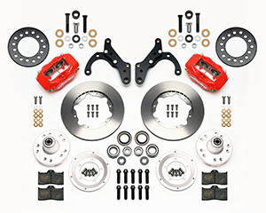 Wilwood Forged Dynalite Pro Series Front Brake Kit Parts Laid Out - Red Powder Coat Caliper - Plain Face Rotor