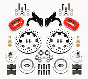 Wilwood Forged Dynalite Big Brake Front Brake Kit (Hub) Parts Laid Out - Red Powder Coat Caliper - SRP Drilled & Slotted Rotor